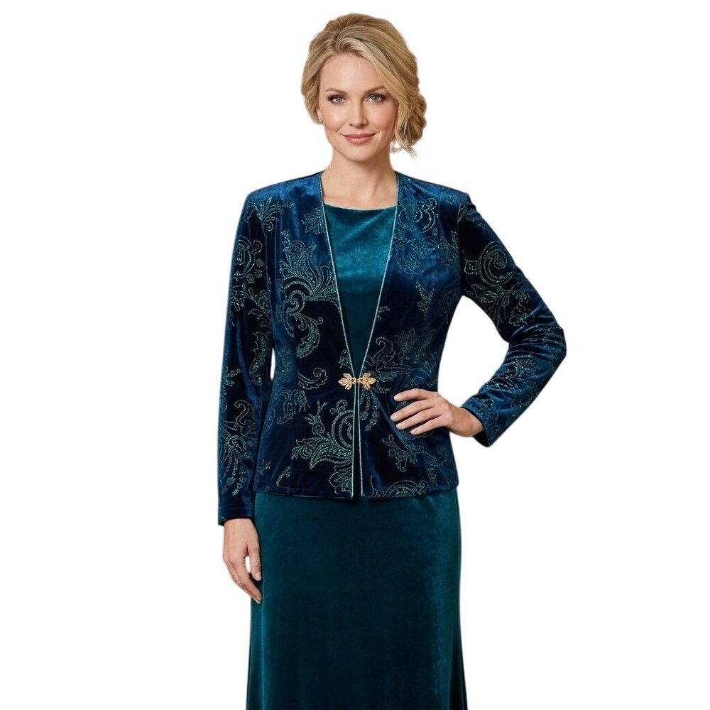 R&M Richards Green Velvet Glitter Detail Gold Clasp Evening Jacket Size 16*
